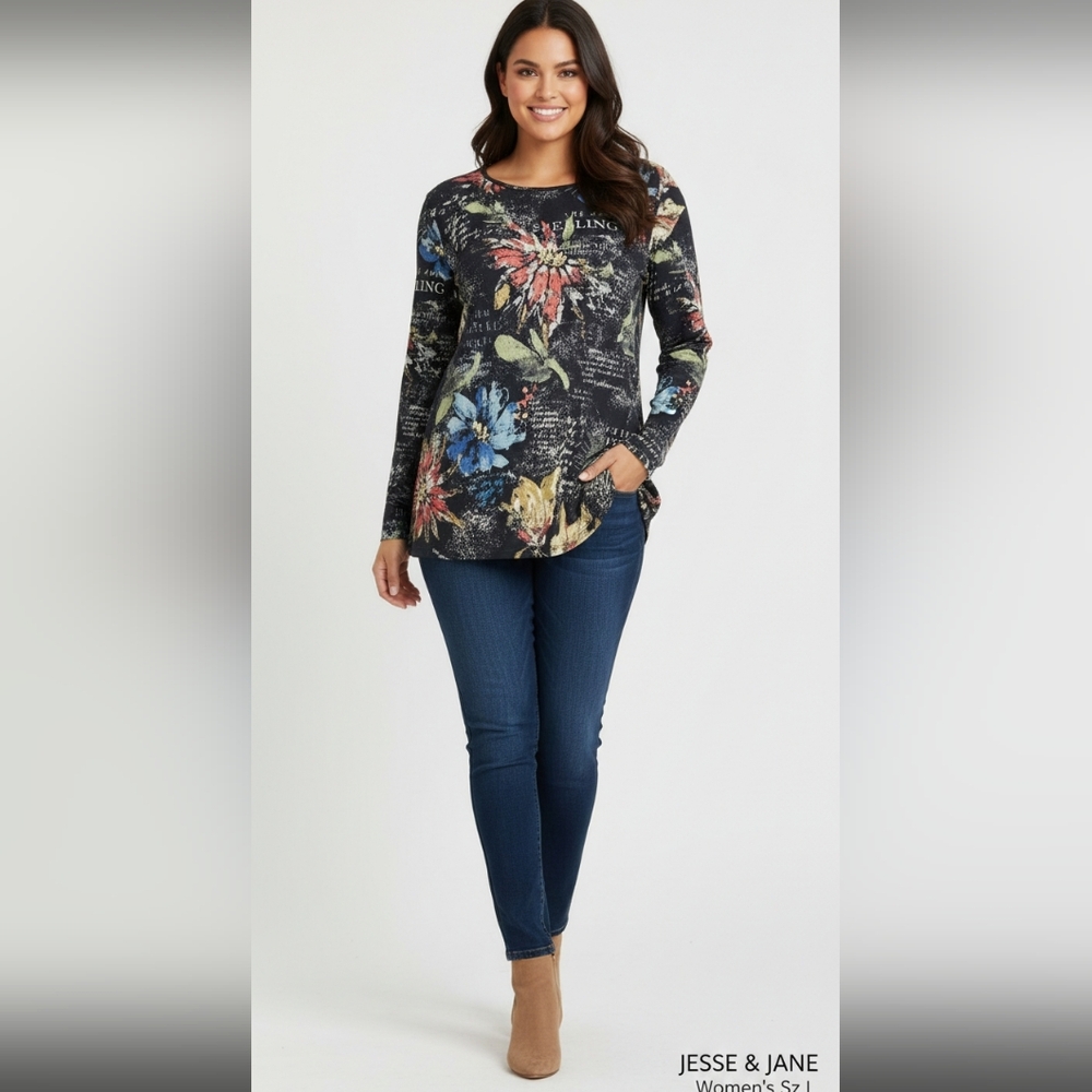 VTG JESSE & JANE Women’s boho Siz L 3/4 Sleeve Flower Poem Blouse with Gem stone